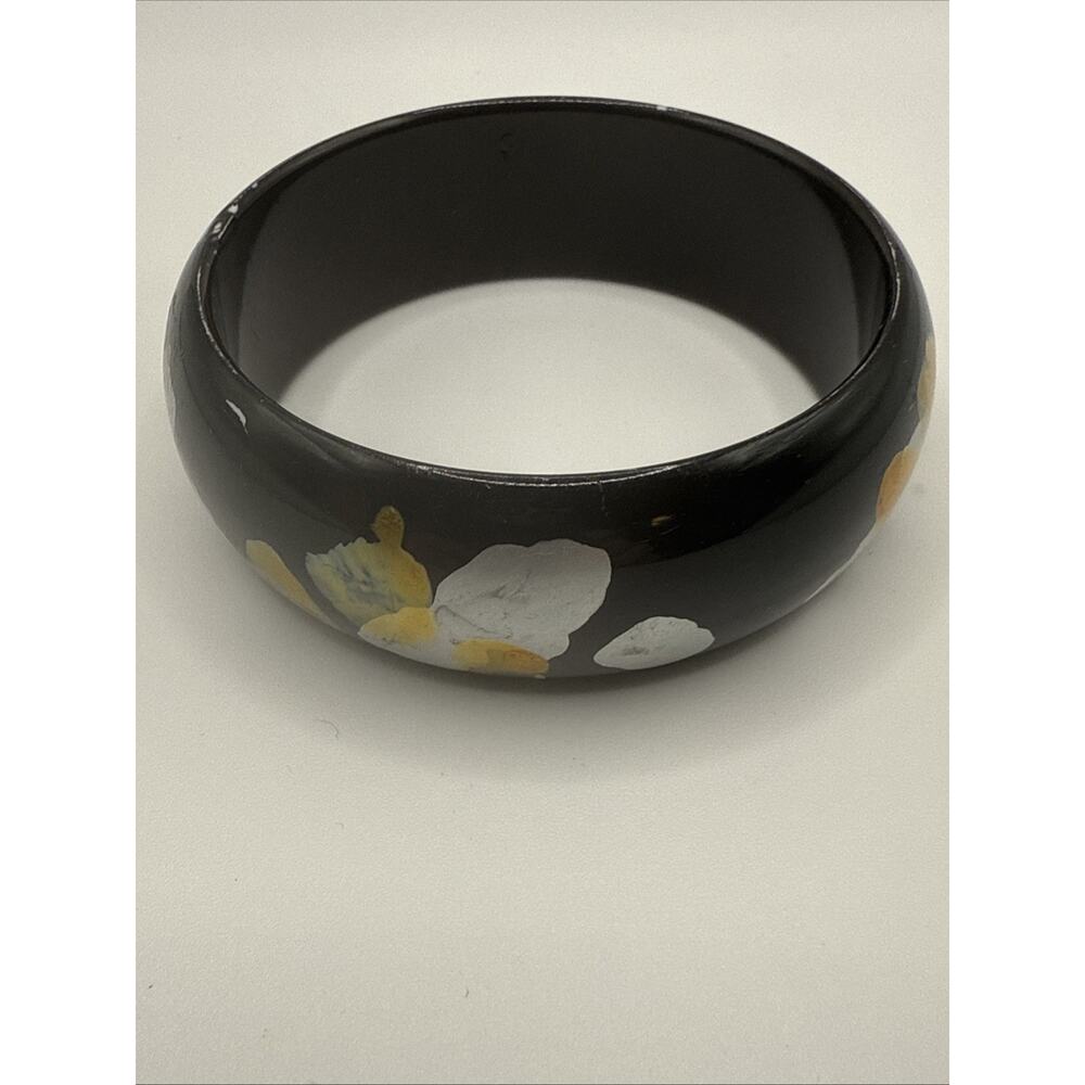Vintage Bangle Bracelet Painted Enamel Black Yellow Silver Floral Flower 8”